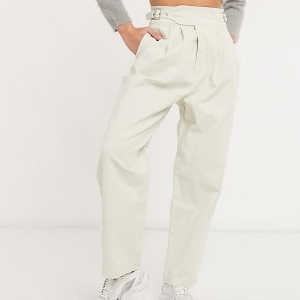 & Other Stories Cream-White High Waisted Pleated Cotton Trouser Pants Size 6
